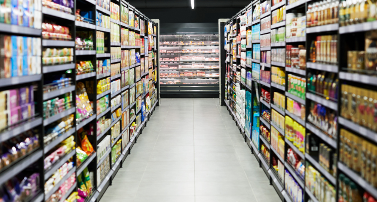 Products on grocery store shelves