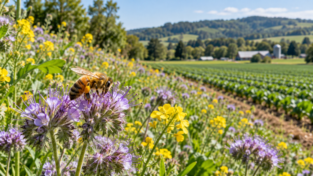 Honey bee collecting nectar from wildflowers growing alongside a sustainable agricultural field.