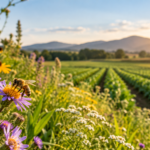 Honey bee pollinating purple wildflowers beside a thriving agricultural field at sunset.